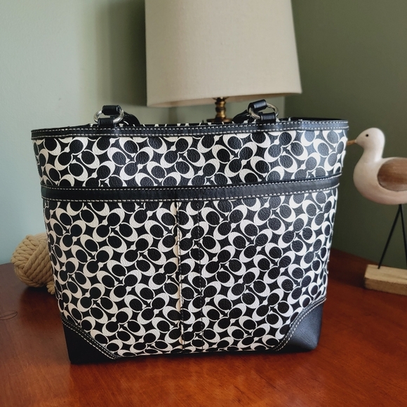 Coach F15137 Chelsea Heritage Stripe Signature Black White Coated Canvas Tote - Picture 5 of 14